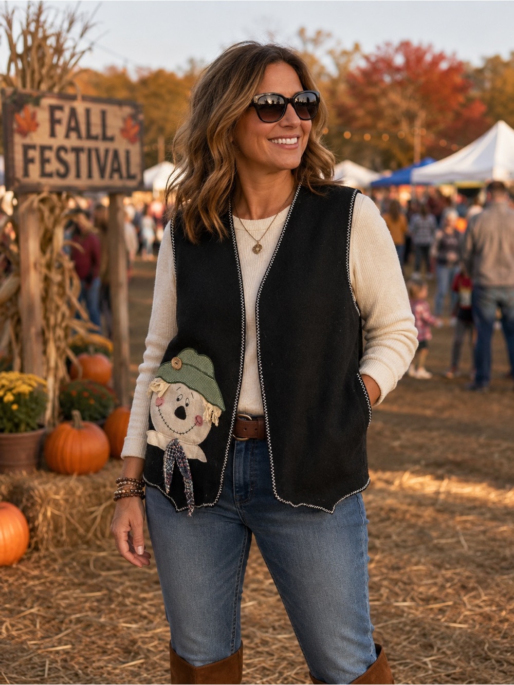 Black Sleeveless Scarecrow Appliqué Vest for Women